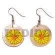 Handmade dangling 35mm round hammershell w/ handpainted sunflower accent Hand Painted Earrings