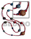 2 rows red cut glass beads w/ wood