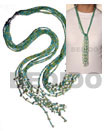 scarf necklace - 7 rows blue/green glass beads w/ tassled white